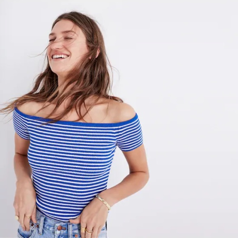 Madewell Striped Off-Shoulder Sweater top in Blue and White